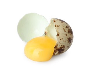 One cracked quail egg isolated on white