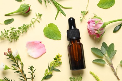 Photo of Bottle of essential oil, different herbs, rose flower and bud on beige background, flat lay