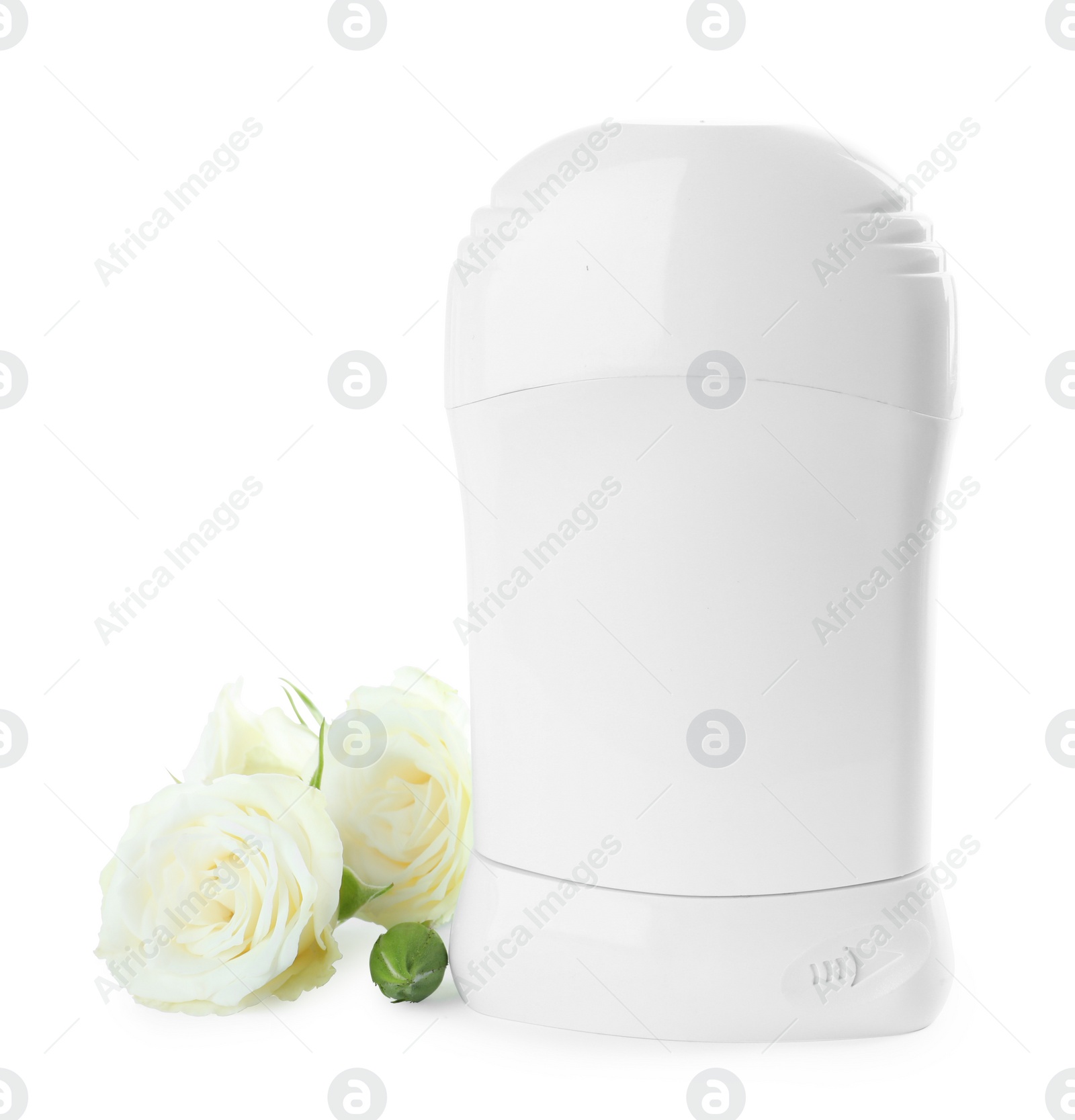 Photo of Natural female deodorant with roses on white background