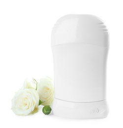 Natural female deodorant with roses on white background