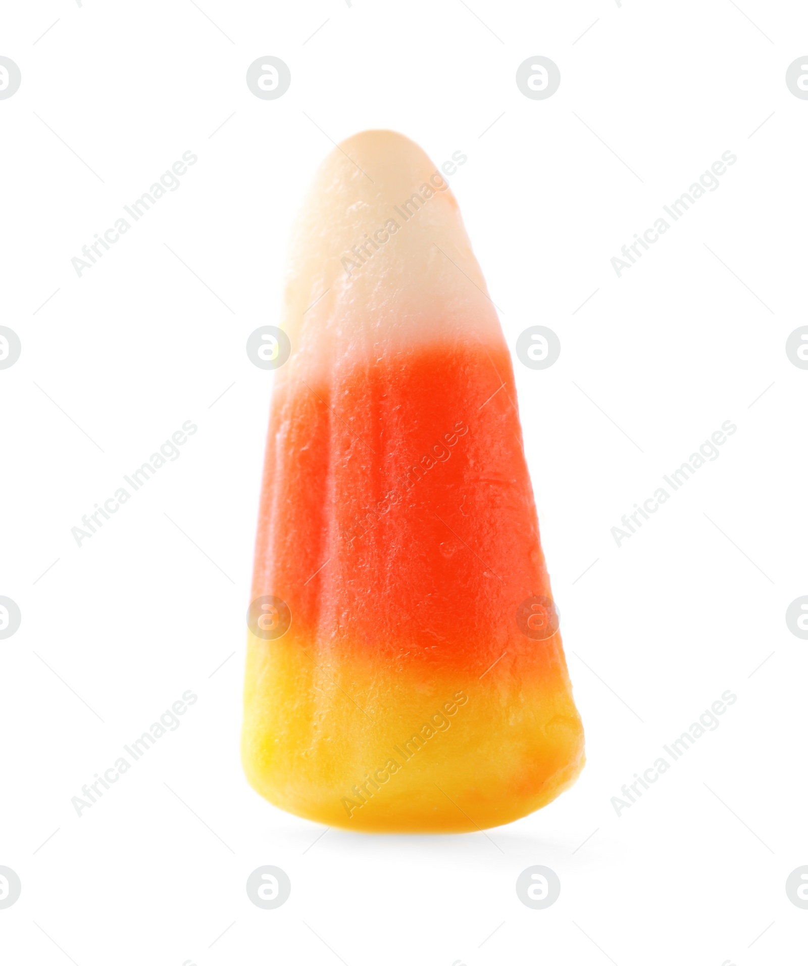 Photo of Colorful candy corn for Halloween party on white background