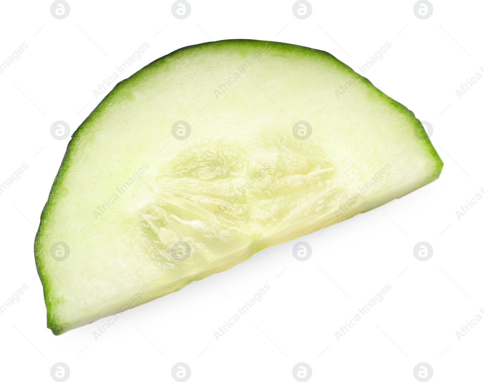 Photo of Slice of fresh cucumber isolated on white, top view