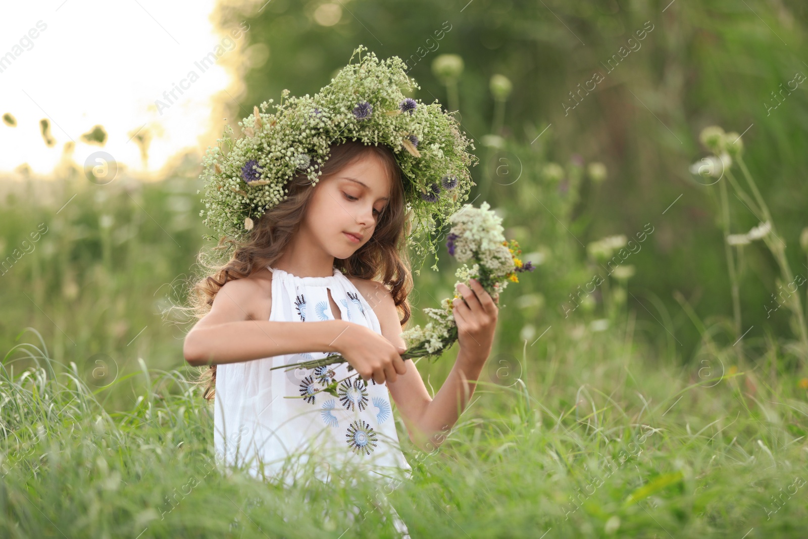 Photo of Cute little girl wearing wreath made of beautiful flowers in field