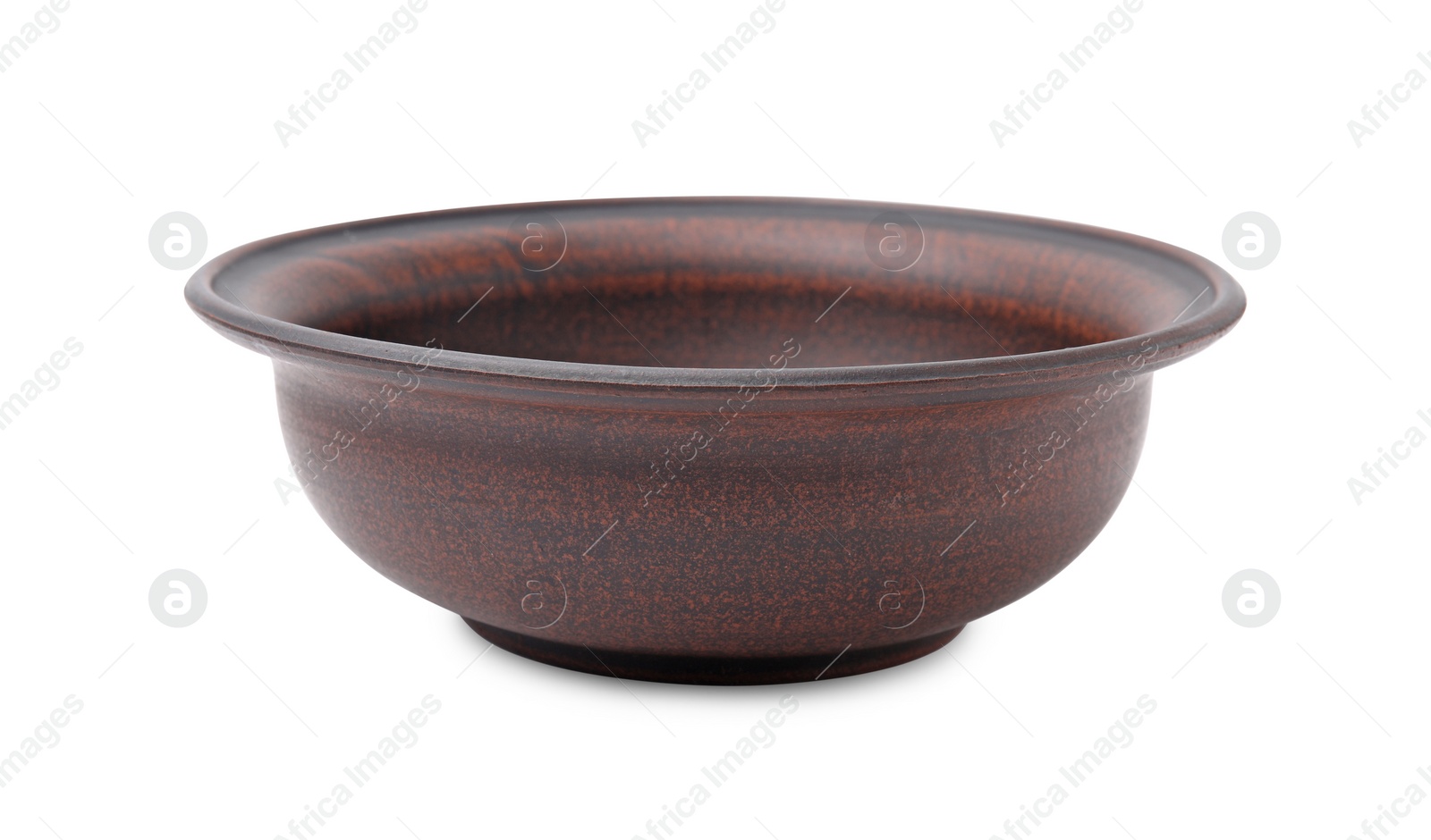 Photo of One clay bowl isolated on white. Cooking utensil