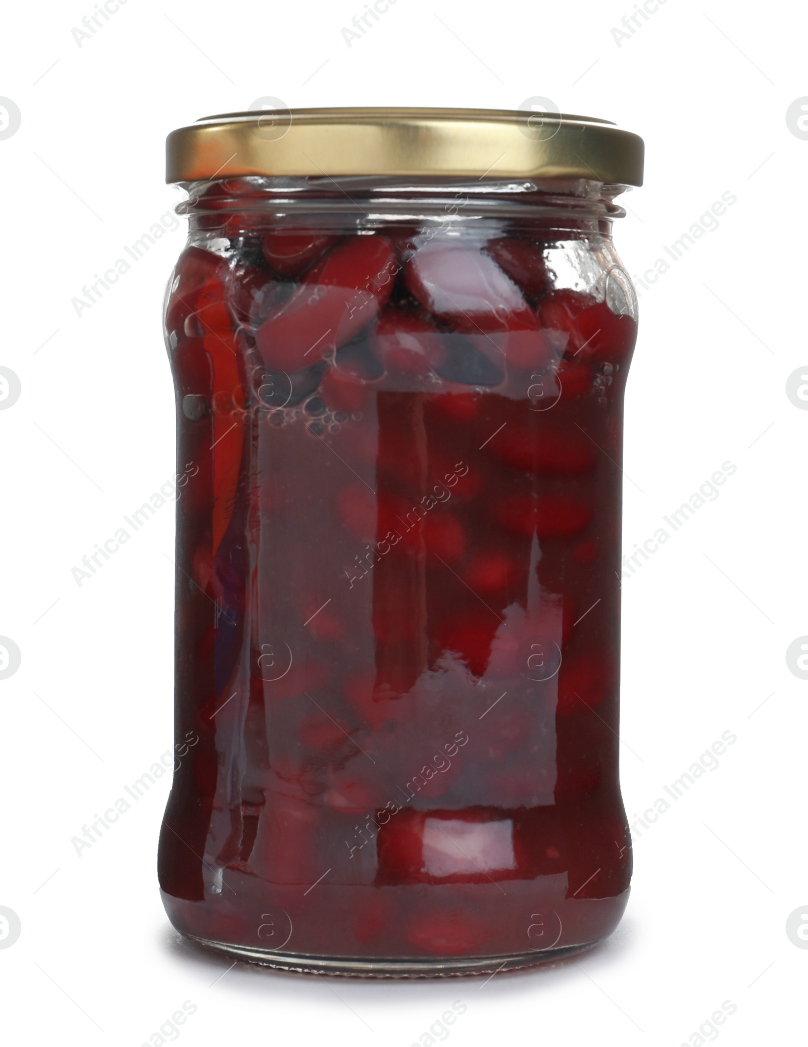 Photo of Glass jar with pickled beans isolated on white