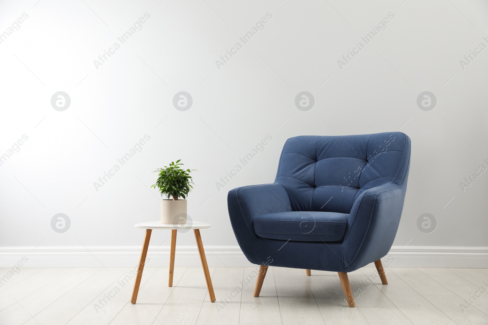 Photo of Stylish armchair and table with houseplant near white wall. Interior design