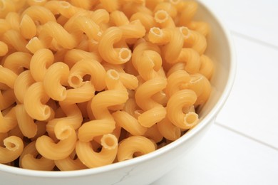 Photo of Raw cavatappi pasta in bowl on white table, closeup