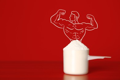 Image of Scoop of protein powder and illustration of bodybuilder against red background. Space for text