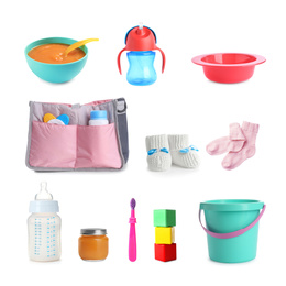 Image of Set with different baby accessories on white background 