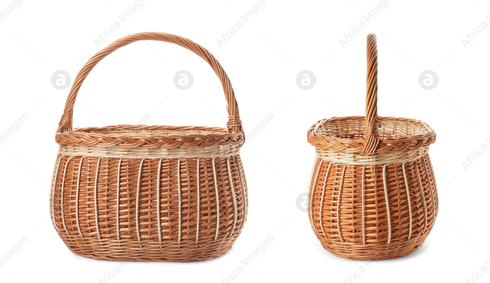 Image of Empty wicker baskets on white background 