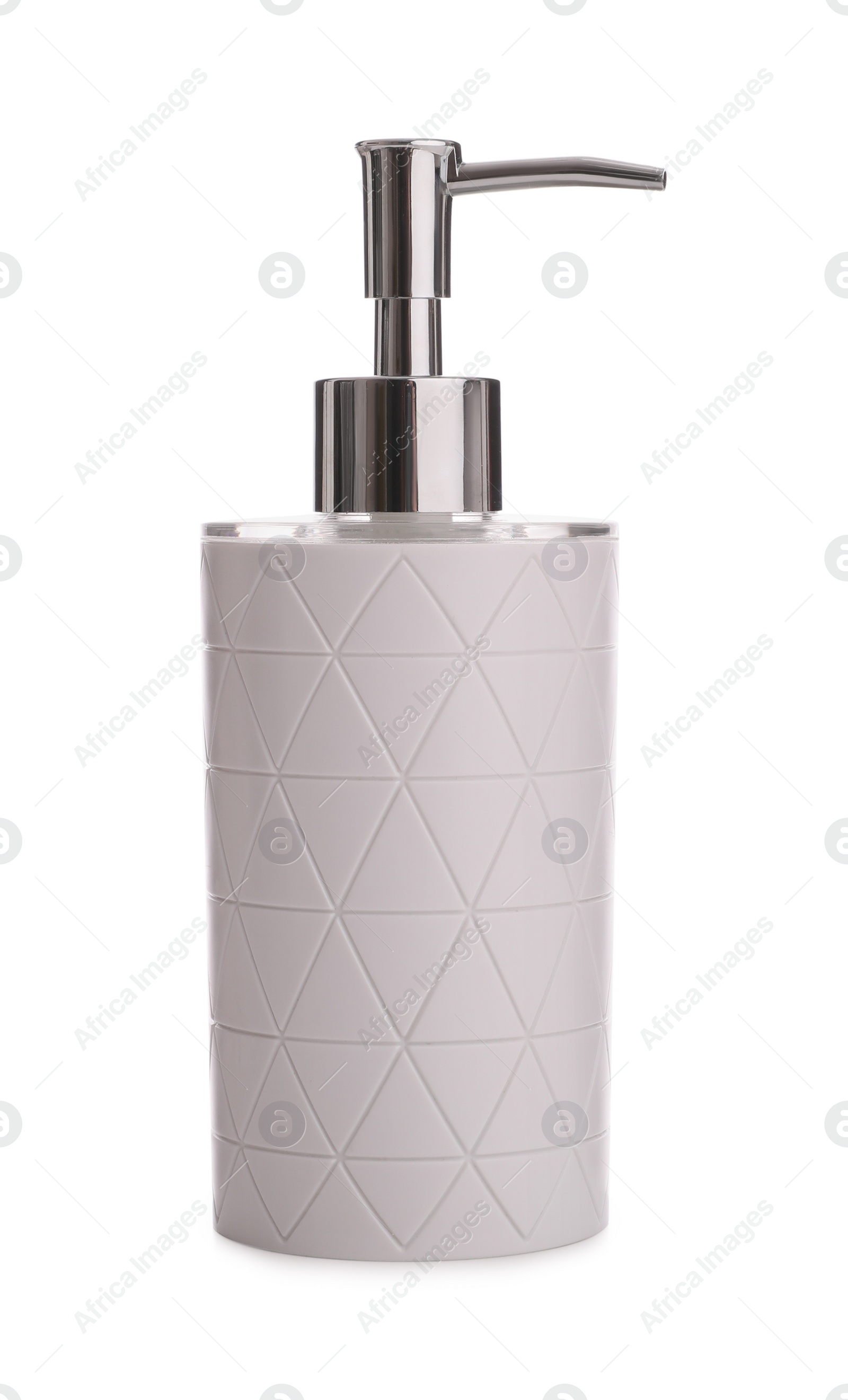 Photo of Stylish soap dispenser with pattern isolated on white