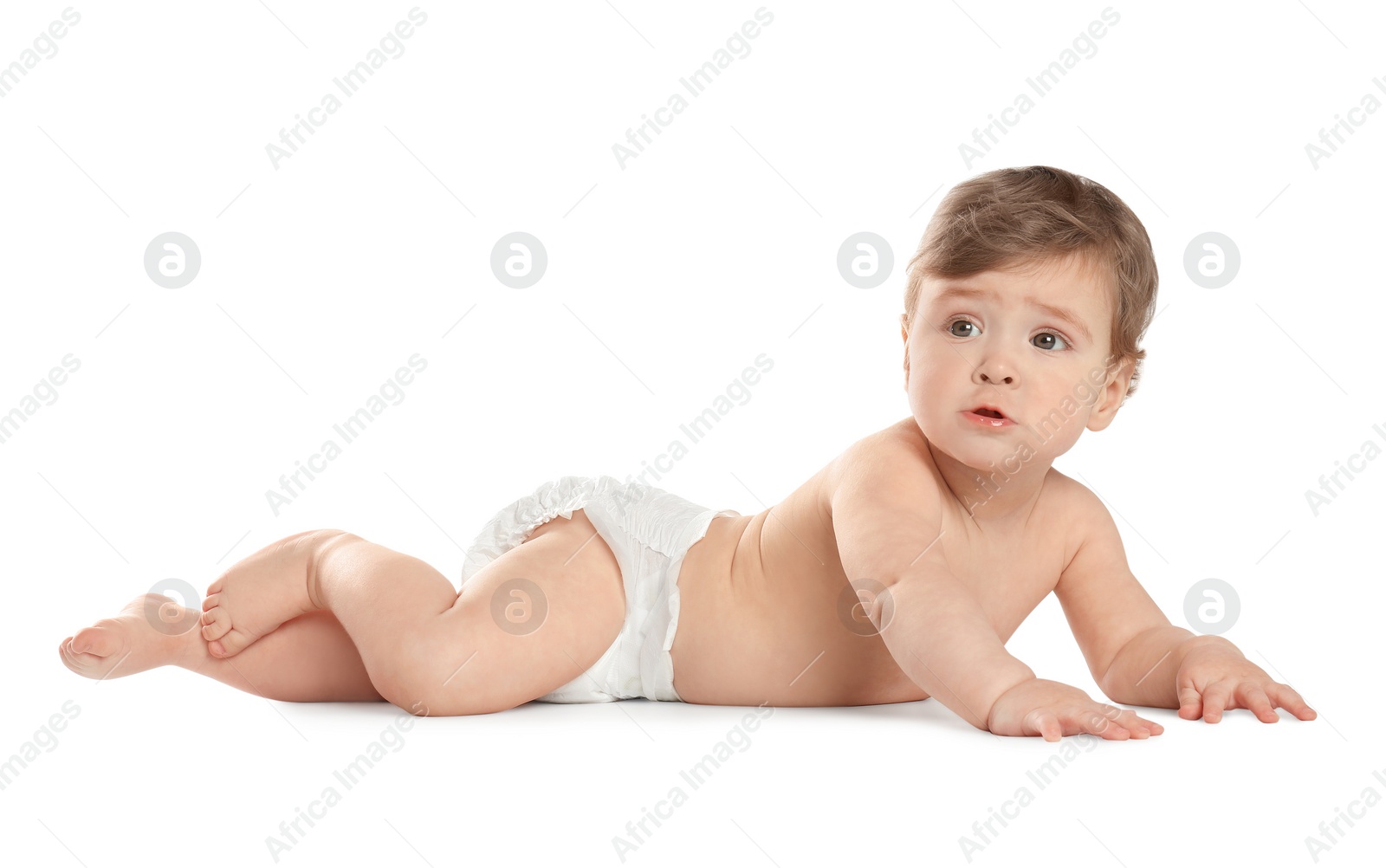 Photo of Cute little baby in diaper on white background