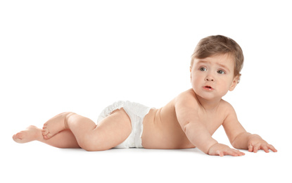 Photo of Cute little baby in diaper on white background