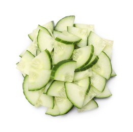 Pile of fresh cut cucumber isolated on white, top view