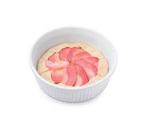 Photo of Baking dish with fresh dough and apples isolated on white. Making galette