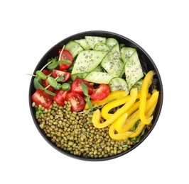 Photo of Bowl of salad with mung beans isolated on white, top view