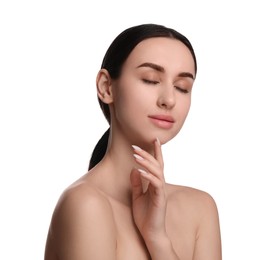 Portrait of beautiful young woman on white background