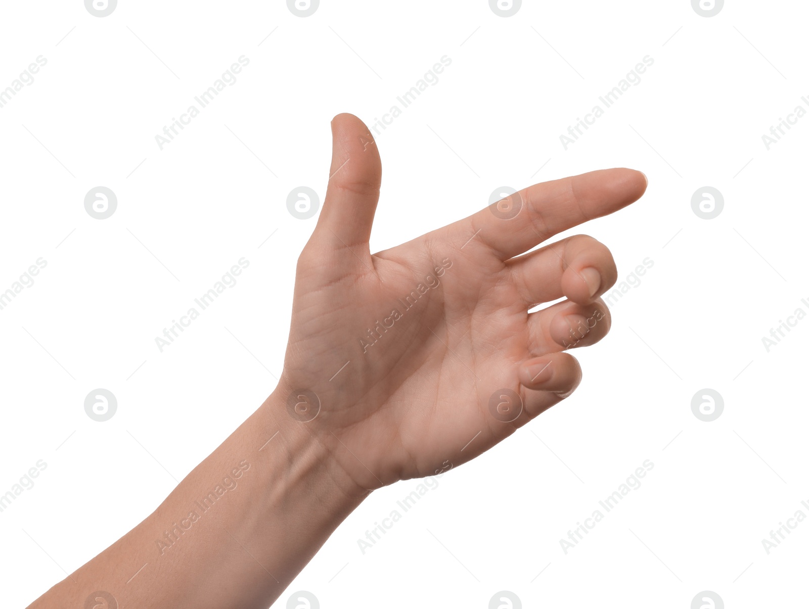 Photo of Woman showing hand on white background, closeup