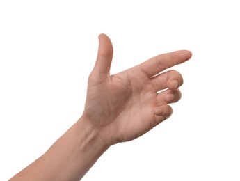 Woman showing hand on white background, closeup