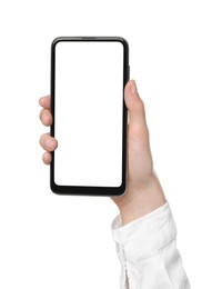Photo of Woman holding smartphone with blank screen isolated on white, closeup. Mockup for design