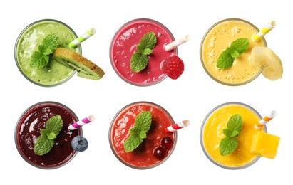 Image of Set with different tasty smoothies on white background, top view