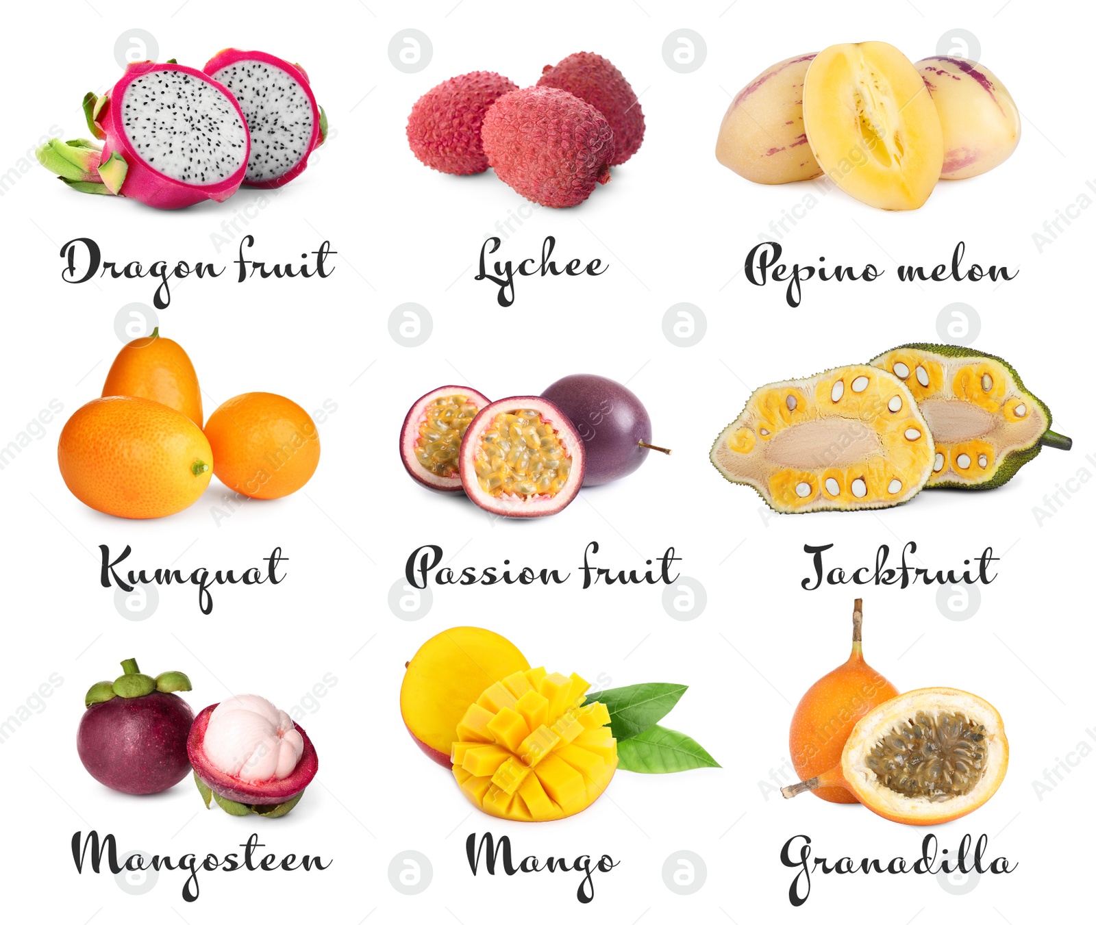 Image of Set with different tasty exotic fruits on white background