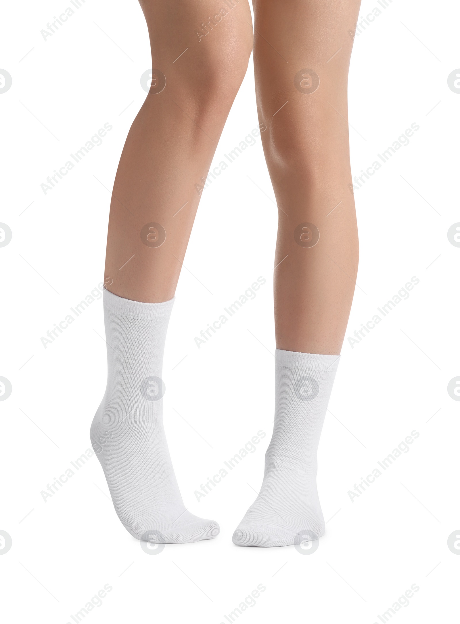 Photo of Woman in stylish socks on white background, closeup