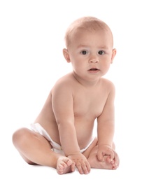 Photo of Cute little baby sitting on white background