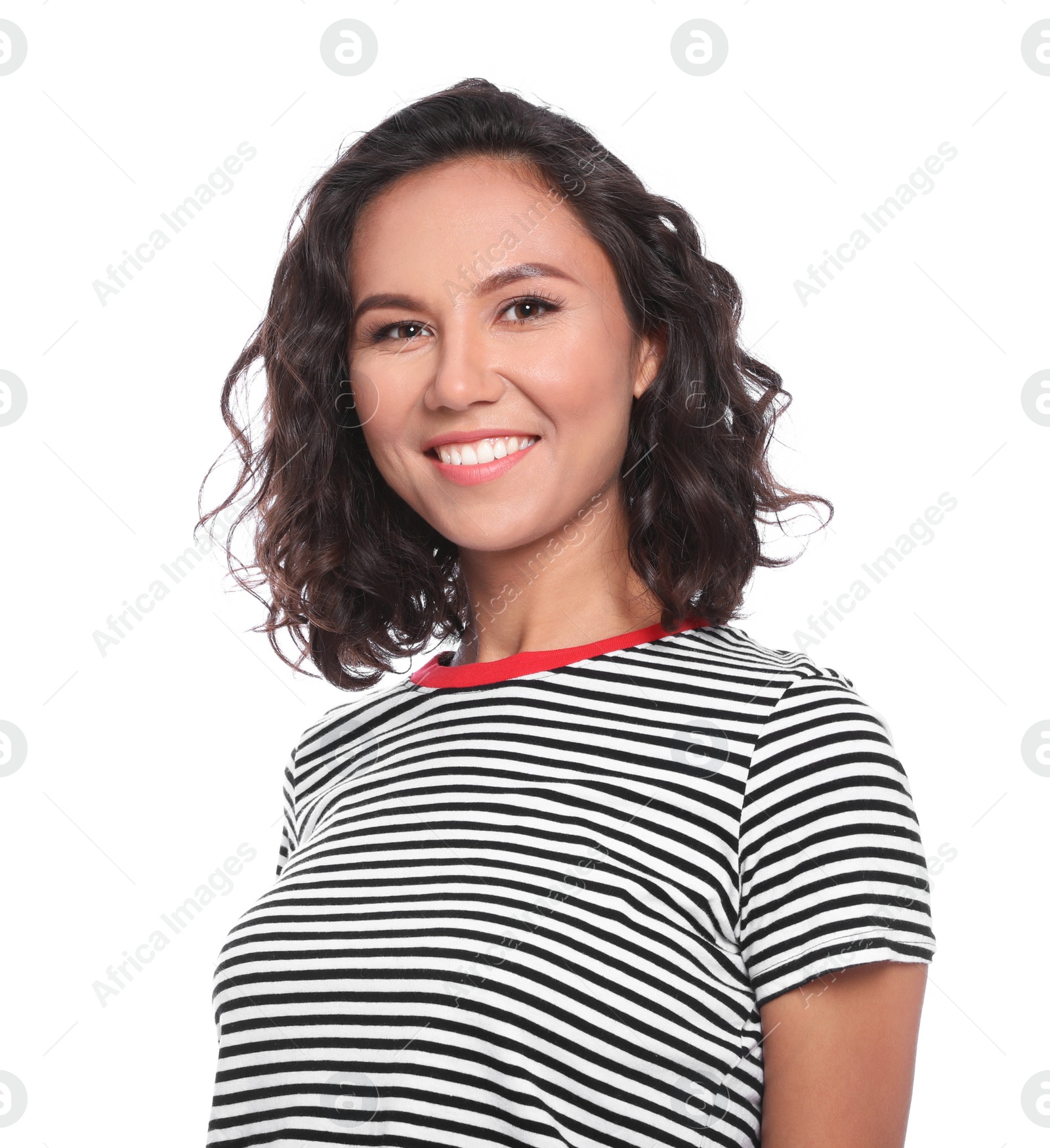 Photo of Portrait of happy young woman on white background