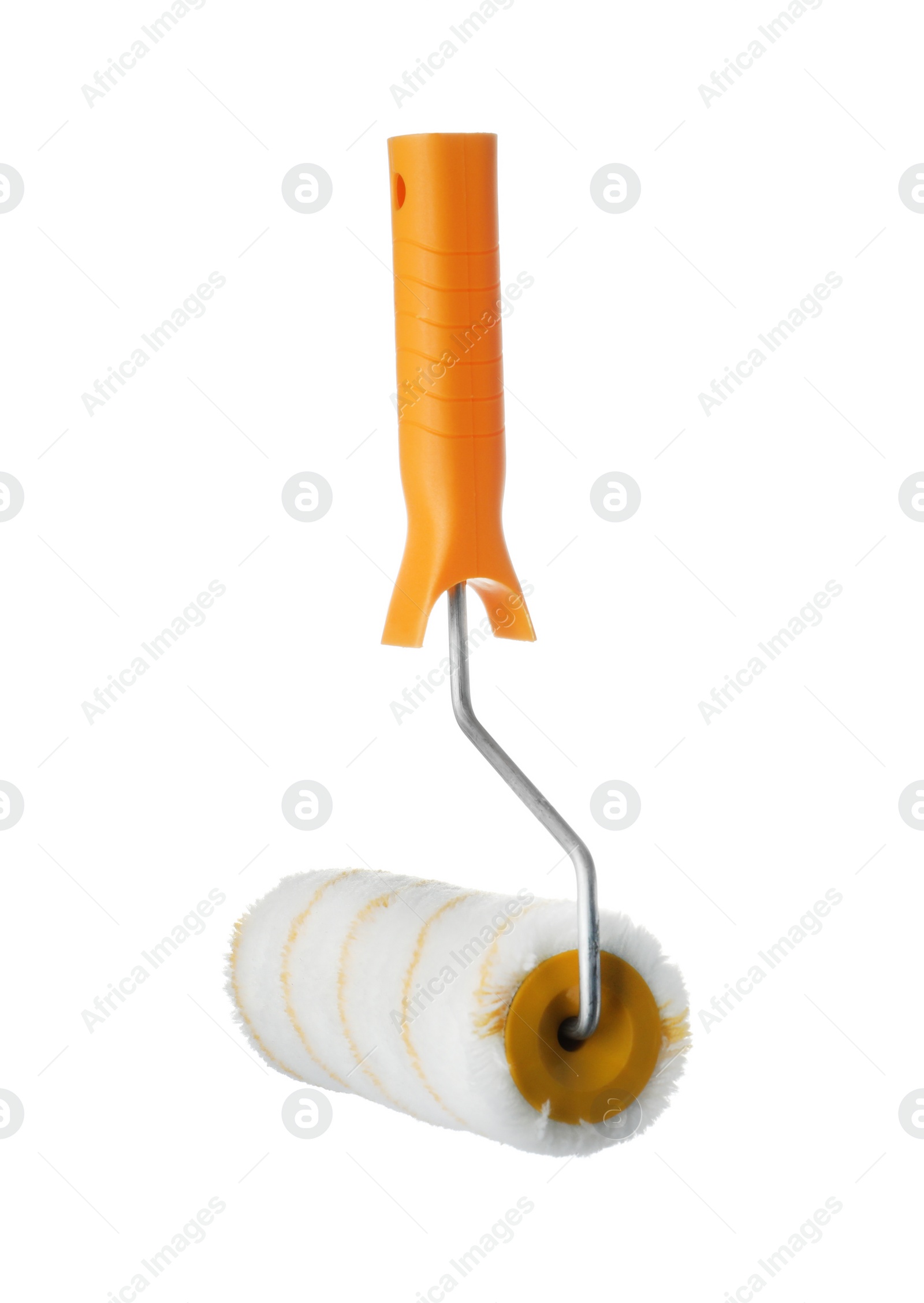 Photo of New paint roller brush on white background