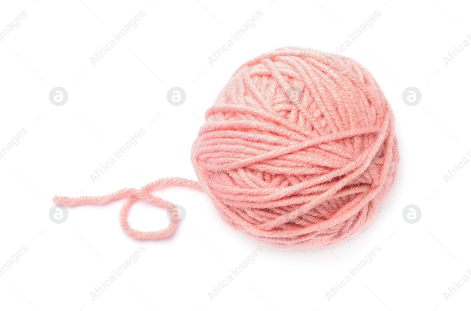 Photo of Soft pink woolen yarn isolated on white, top view