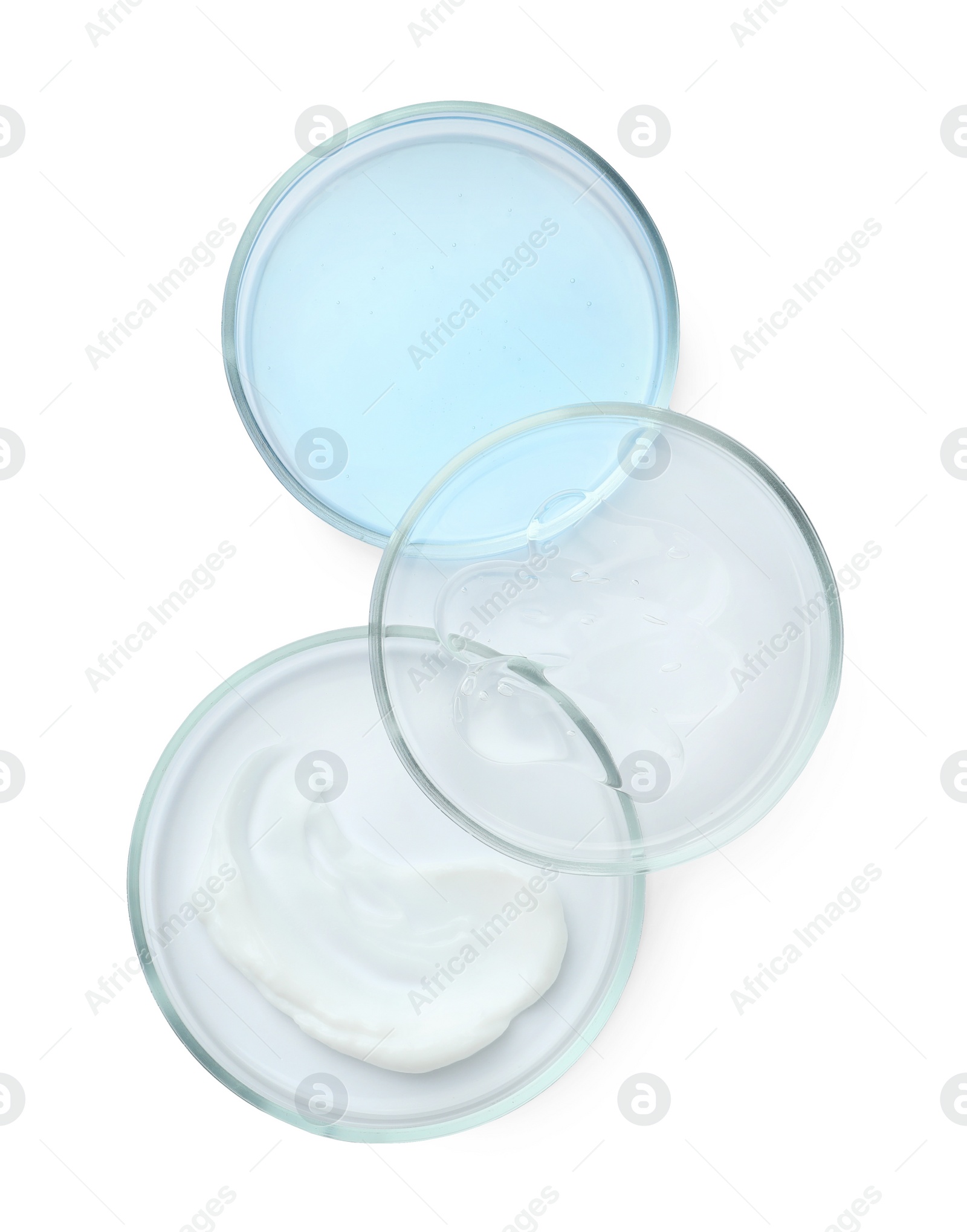 Photo of Many Petri dishes and cosmetic products on white background, top view