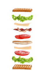 Image of Delicious sandwich with toasted bread on white background