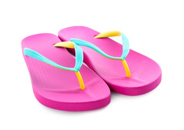 Photo of Pair of stylish pink flip flops isolated on white. Beach object