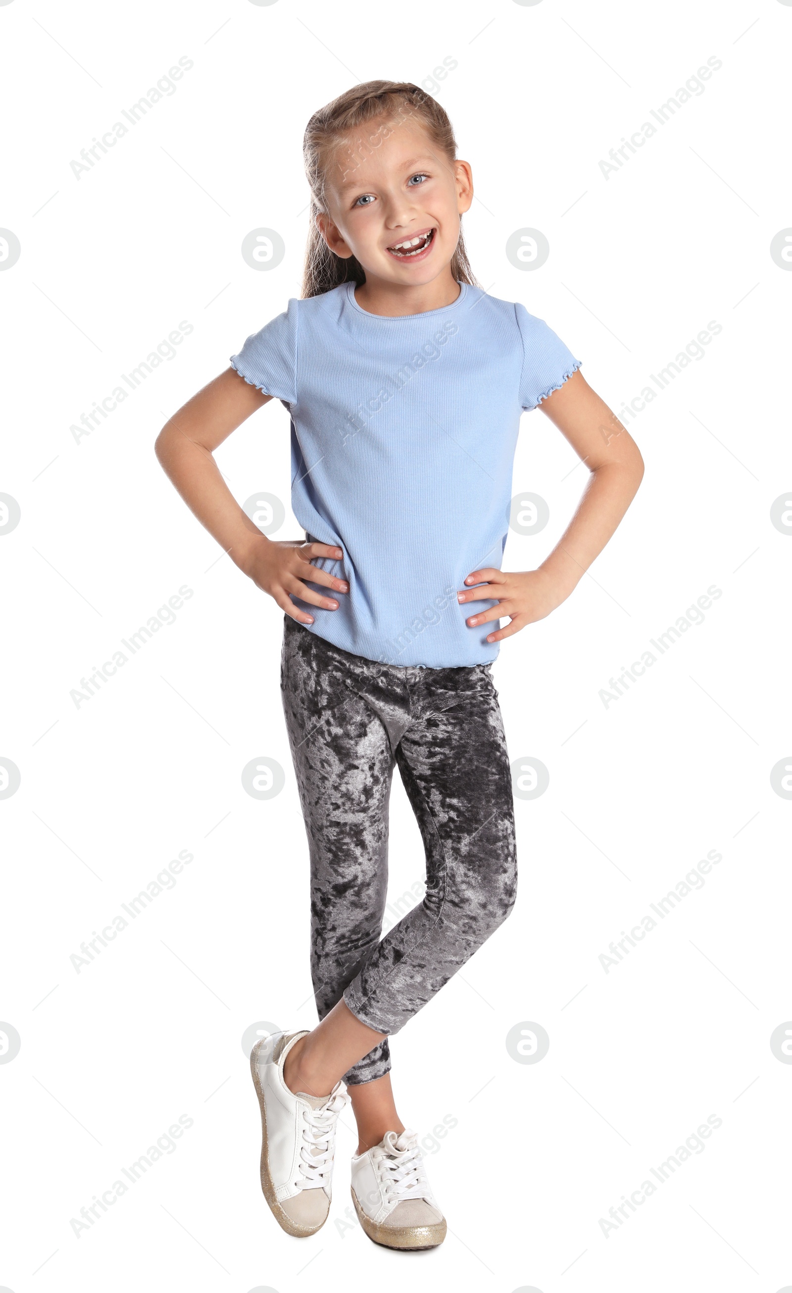 Photo of Full length portrait of adorable little girl on white background