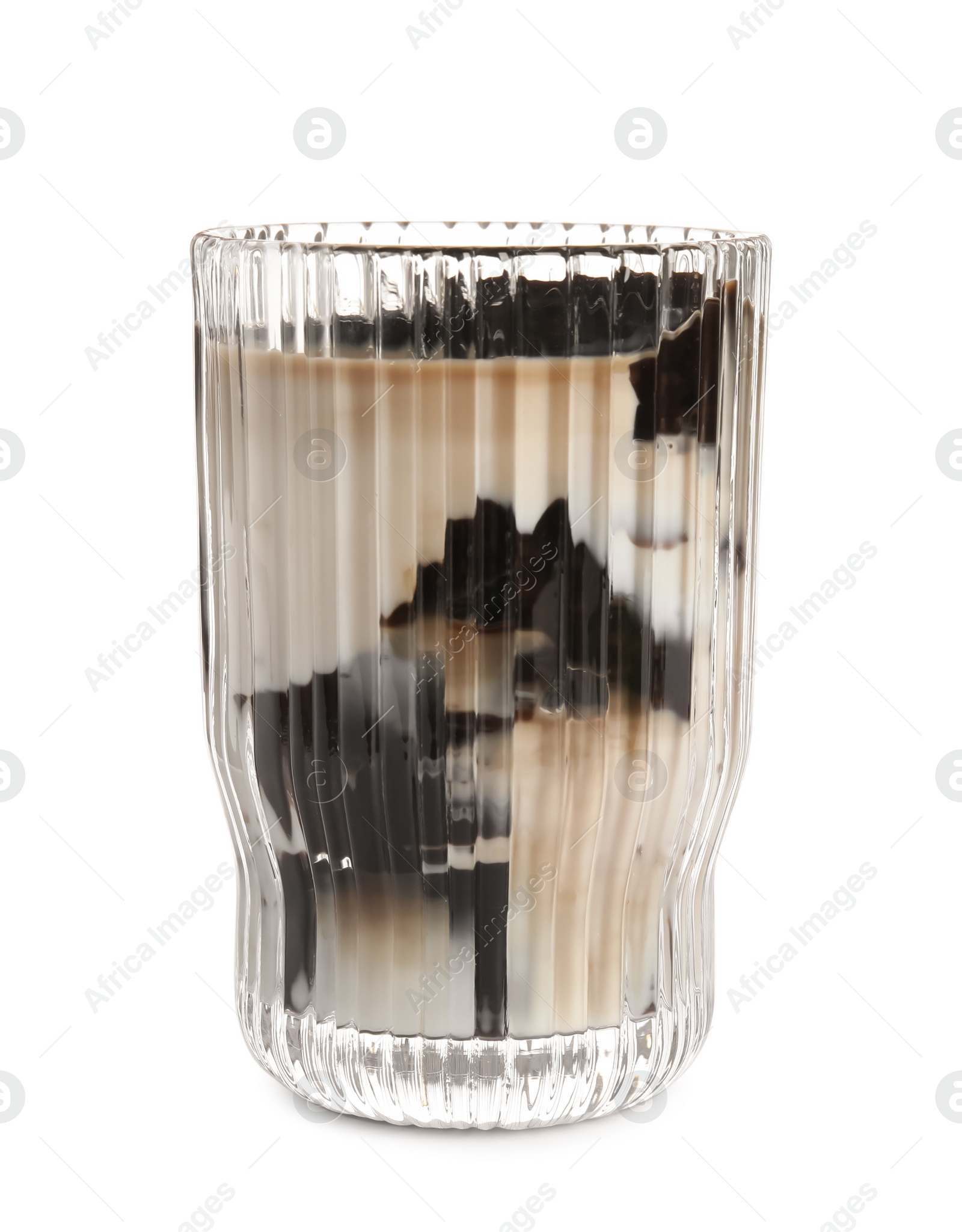 Photo of Glass of milk with grass jelly isolated on white