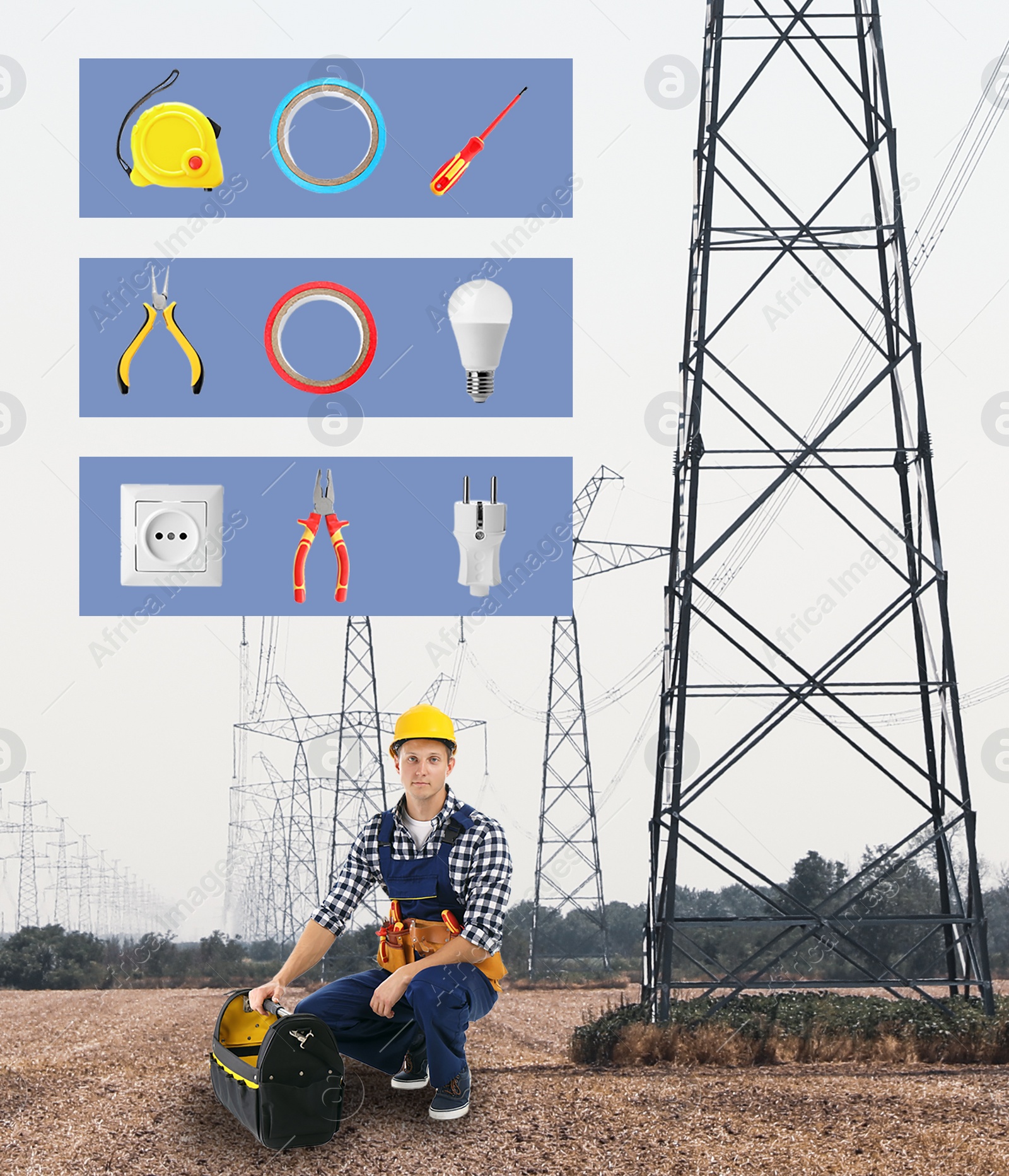 Image of Set of tools over young electrician in field