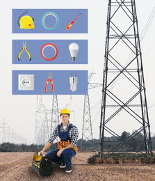 Image of Set of tools over young electrician in field