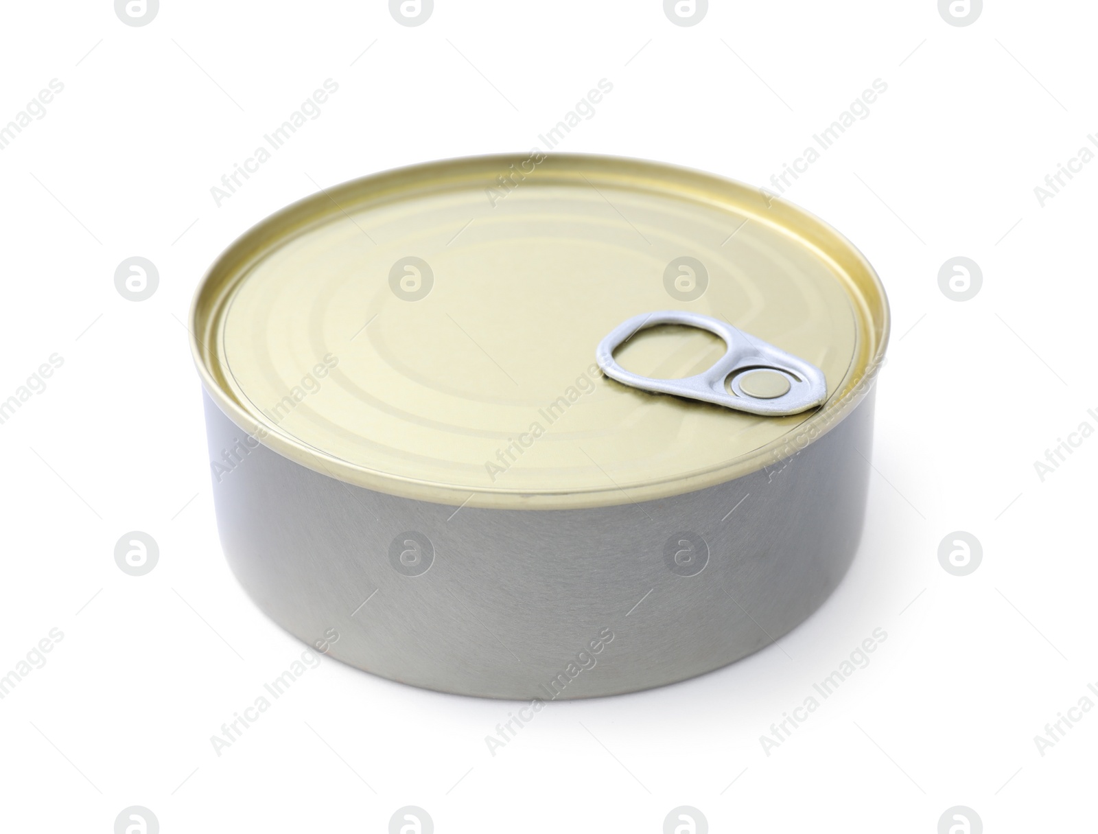 Photo of Closed tin can of food isolated on white