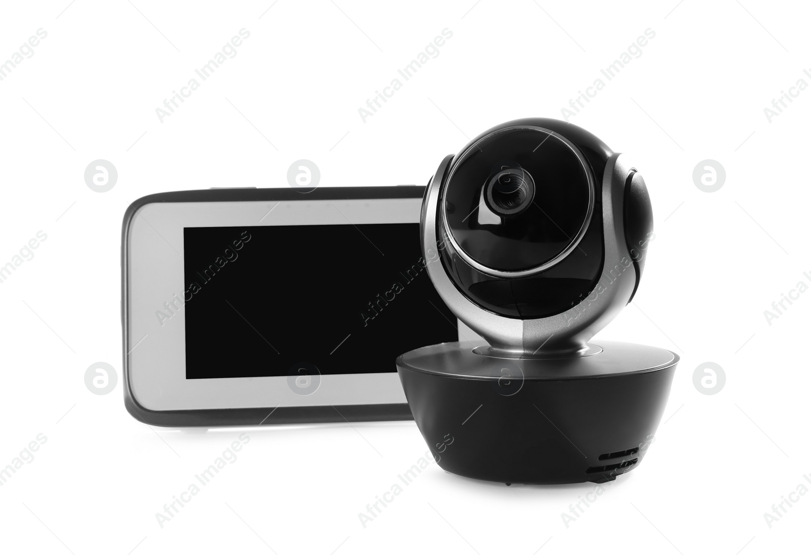 Photo of Modern CCTV security camera and monitor on white background. Space for text