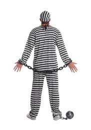 Photo of Prisoner in special uniform with chained hands and metal ball on white background, back view