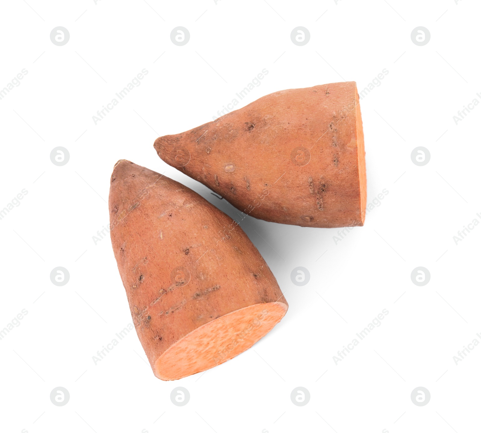 Photo of Cut ripe sweet potato on white background, top view