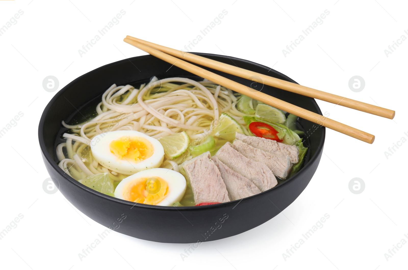 Photo of Bowl of delicious rice noodle soup with meat and egg isolated on white