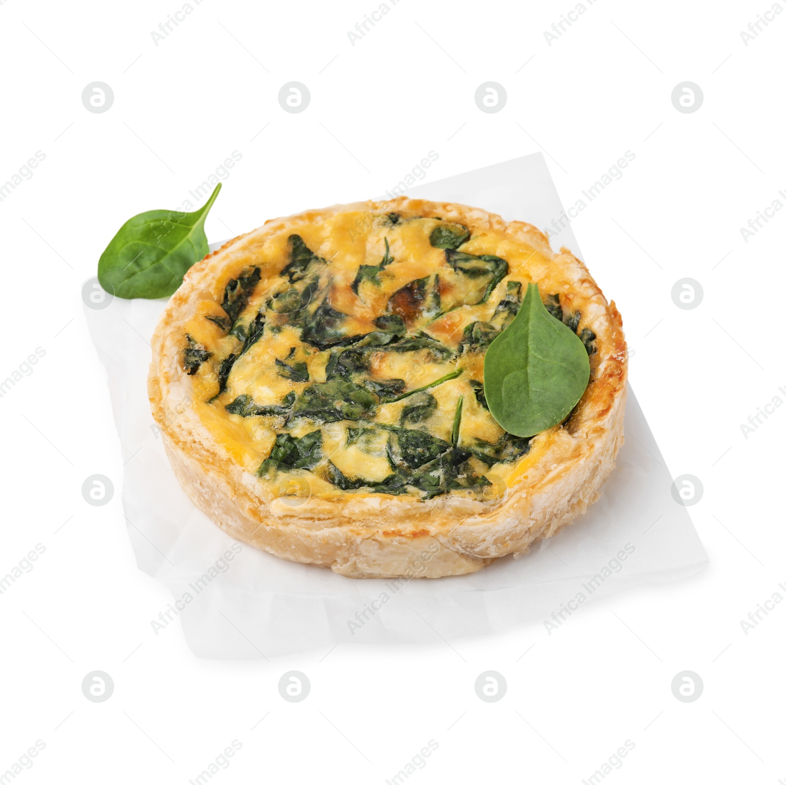 Photo of Delicious pie with spinach isolated on white