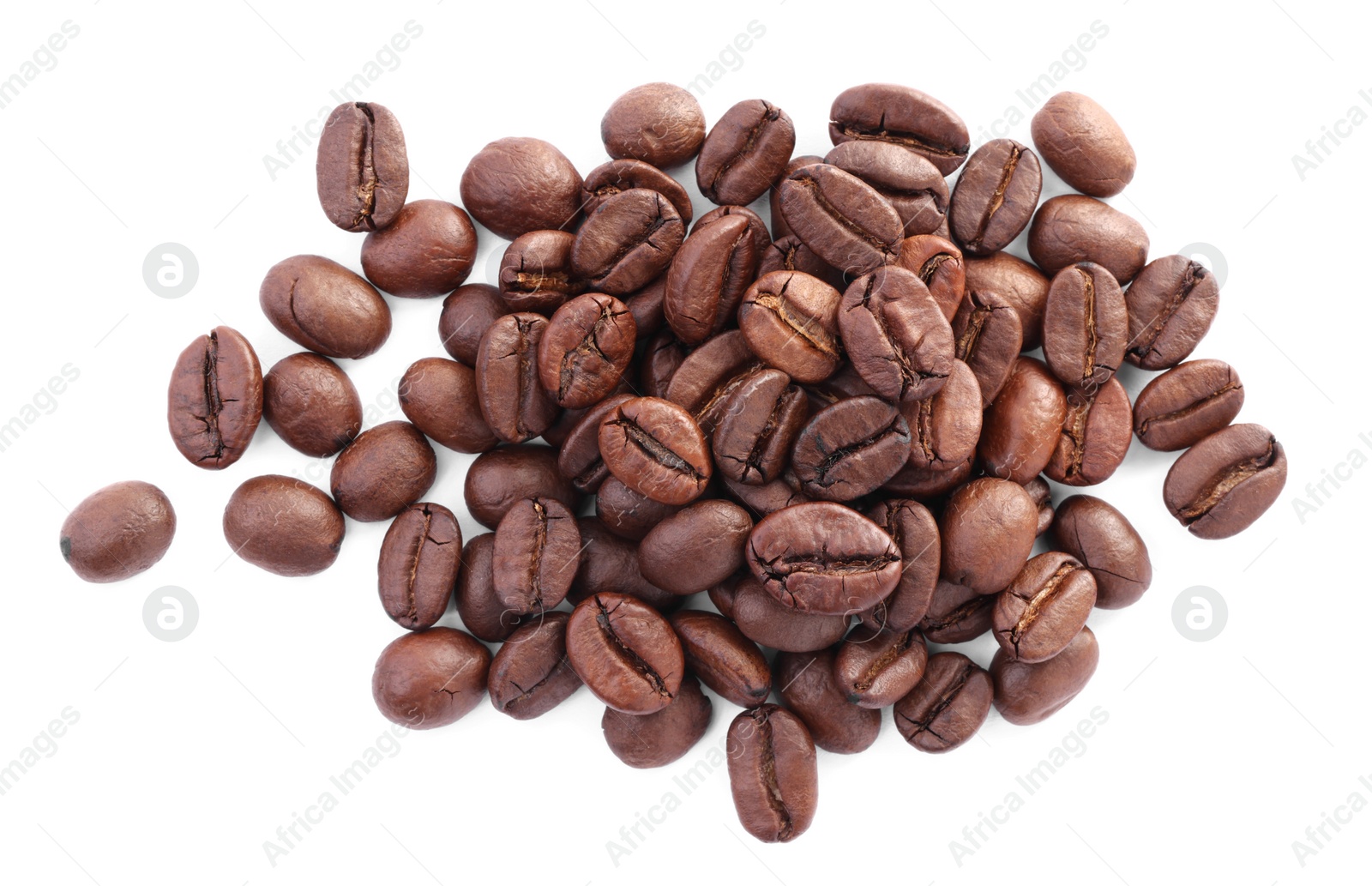 Photo of Pile of roasted coffee beans isolated on white, top view