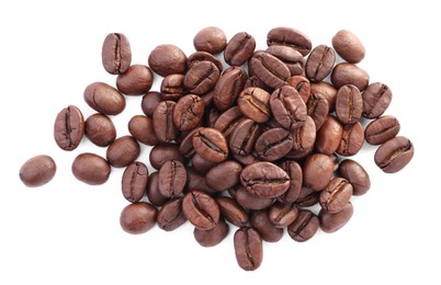 Pile of roasted coffee beans isolated on white, top view