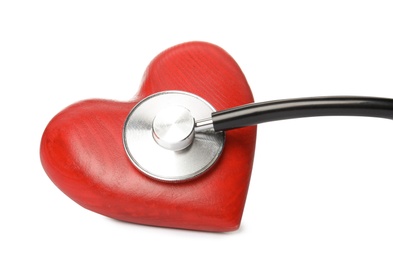 Red heart and stethoscope on white background. Cardiology concept