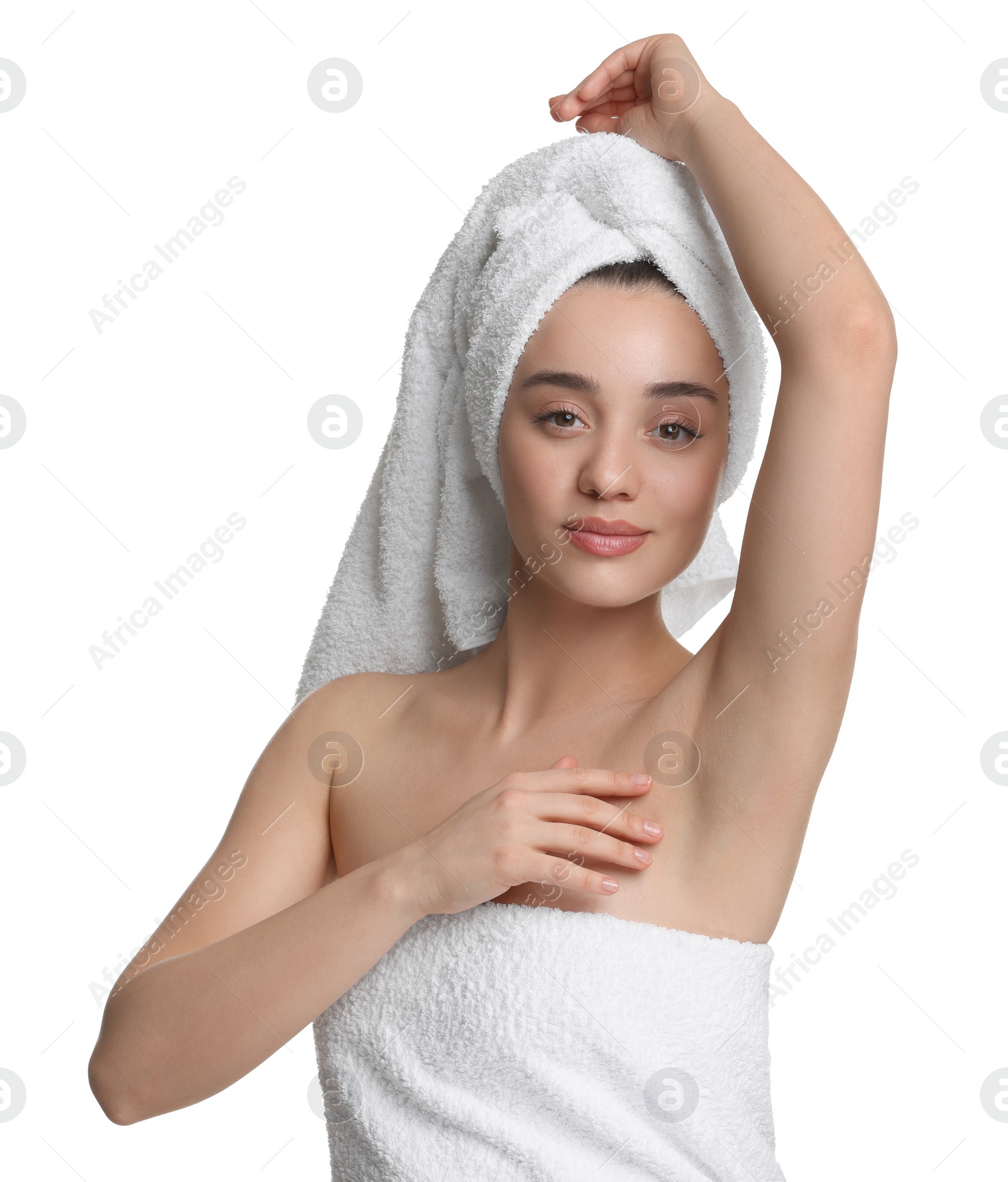 Photo of Beautiful woman showing armpit with smooth clean skin on white background