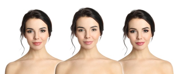 Image of Beautiful young woman before and after permanent makeup on white background, collage. Banner design