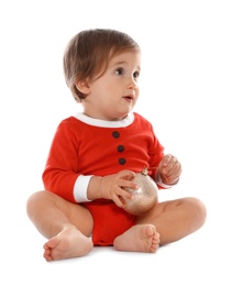 Photo of Cute little baby wearing festive Christmas costume on white background